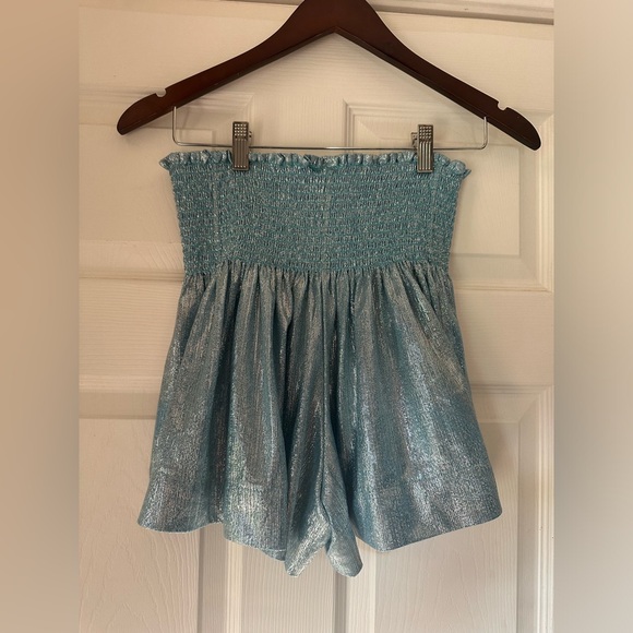 Queen of Sparkles Powder Blue Metallic Swing Womens High Waisted Shorts size M - Picture 2 of 4